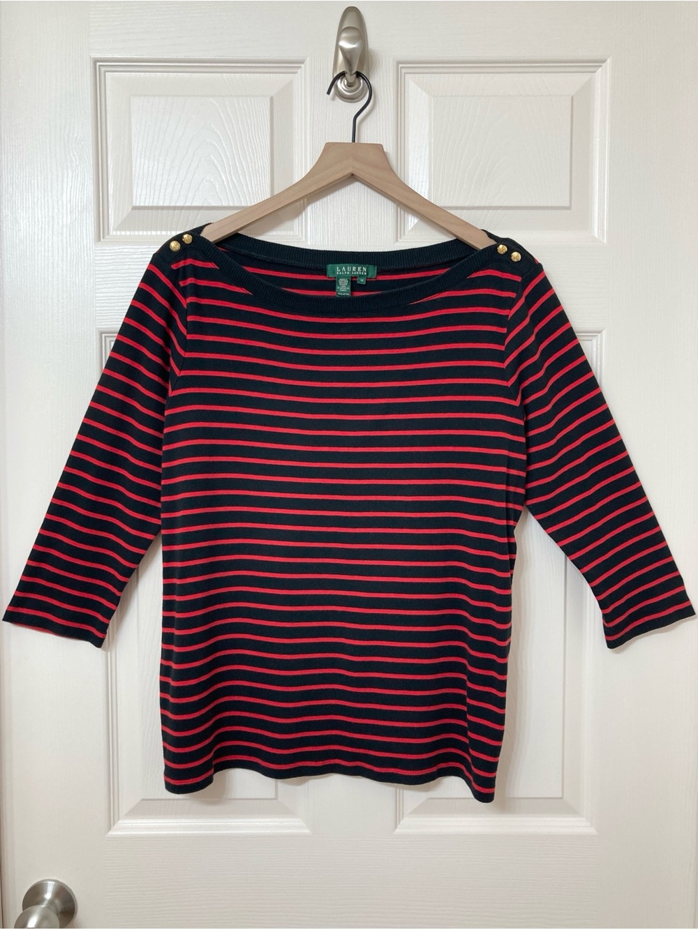 Lauren Ralph Lauren Black Red Stripe Boatneck Shirt 1X Old Money Preppy Nautical